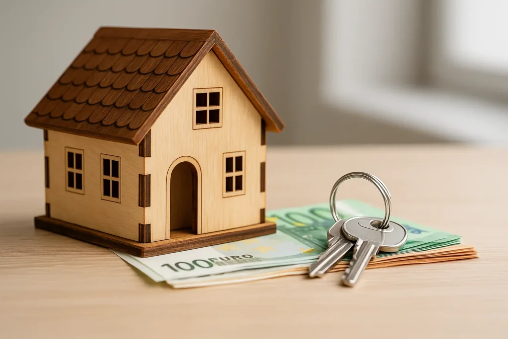 Casa de madera con llaves y billetes de euro representando la compra de vivienda sin entrada