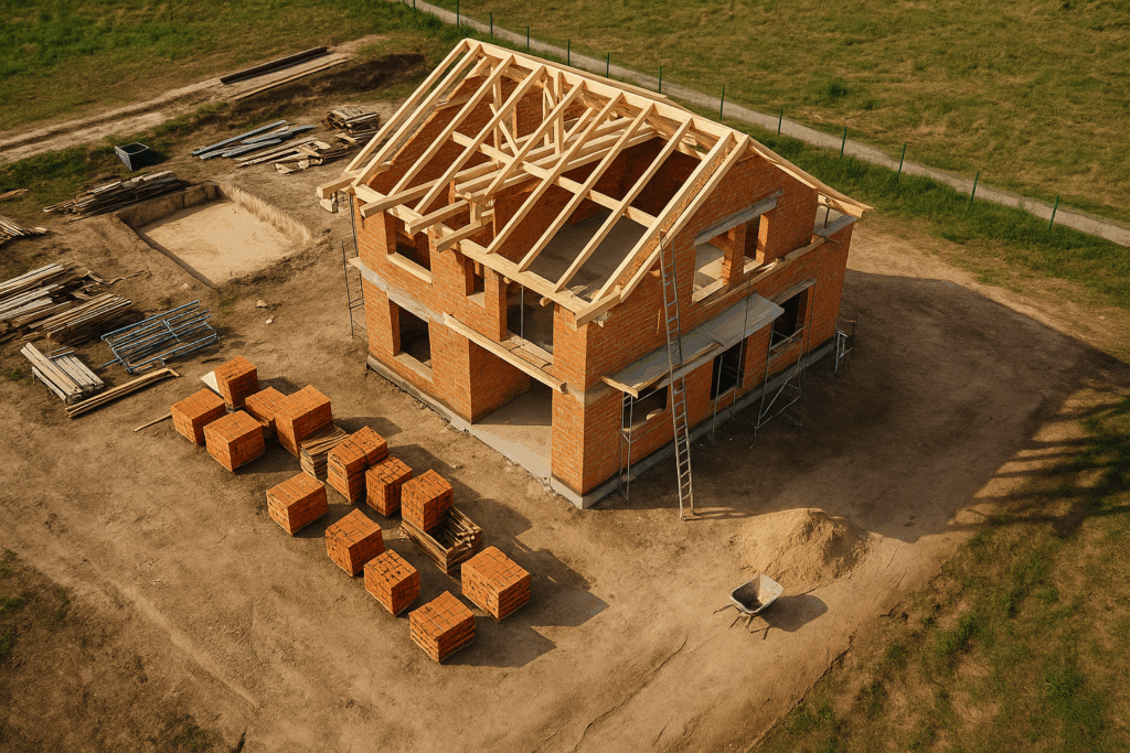 Construcción de una casa paso a paso con estructura de madera y ladrillo vista