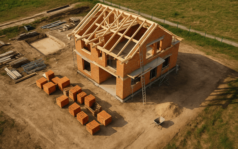 Construcción de una casa paso a paso con estructura de madera y ladrillo vista