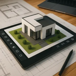 Representación digital de una casa moderna diseñada con inteligencia artificial sobre planos arquitectónicos