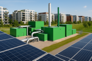 Infraestructura de distrito energético con paneles solares y edificios residenciales al fondo en una ciudad europea moderna.