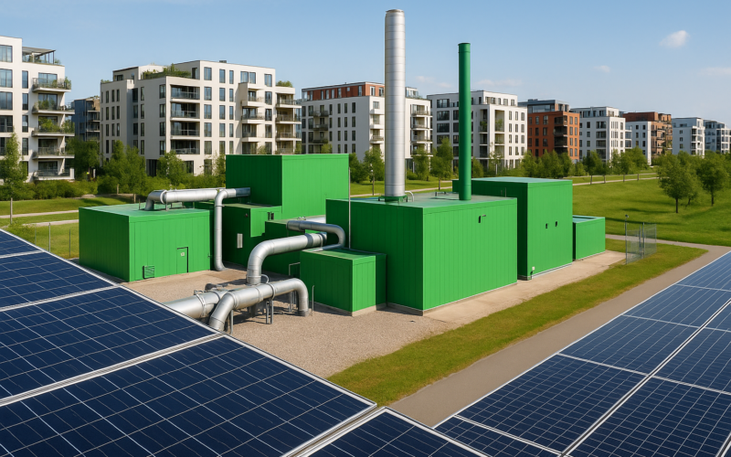 Infraestructura de distrito energético con paneles solares y edificios residenciales al fondo en una ciudad europea moderna.