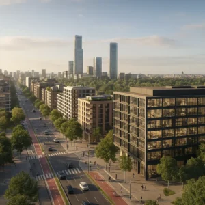 Vista aérea del futuro distrito financiero de Madrid Nuevo Norte, mostrando su desarrollo urbano sostenible