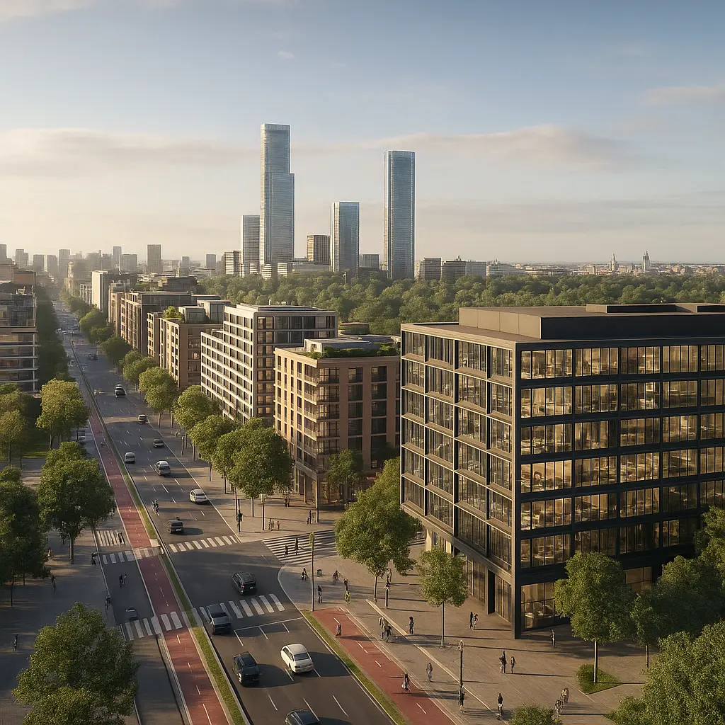 Vista aérea del futuro distrito financiero de Madrid Nuevo Norte, mostrando su desarrollo urbano sostenible