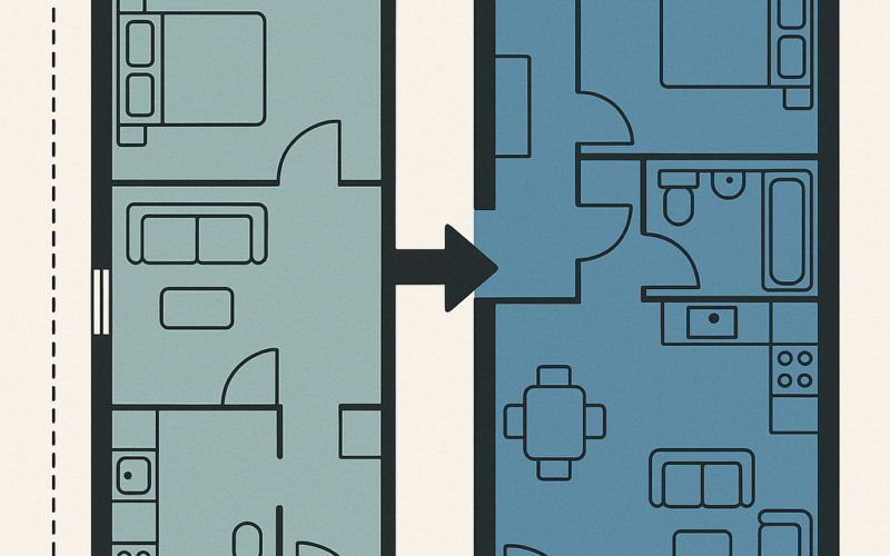 Plano arquitectónico de cómo dividir legalmente una vivienda en dos