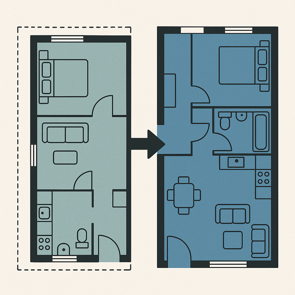 Plano arquitectónico de cómo dividir legalmente una vivienda en dos