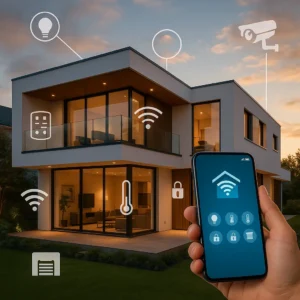 Casa inteligente con sistema domótico controlado desde el móvil, mostrando funciones de seguridad, climatización e iluminación.
