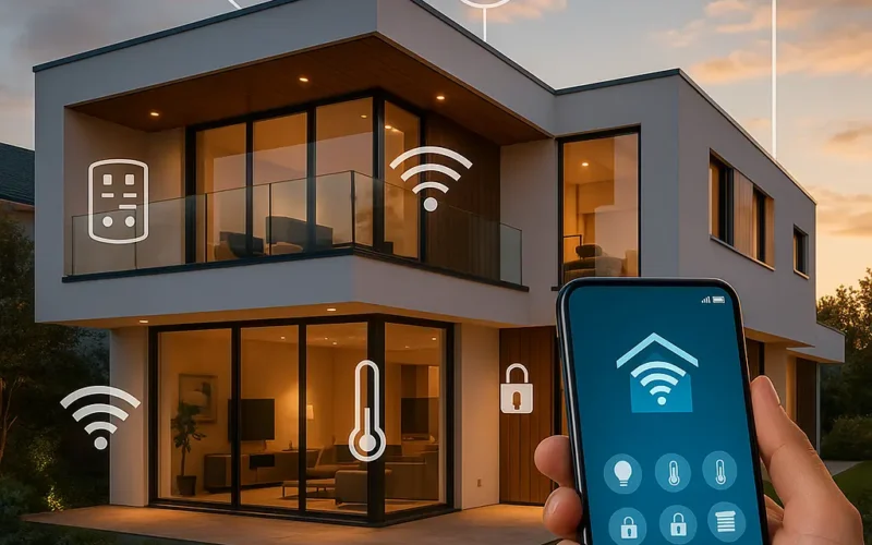 Casa inteligente con sistema domótico controlado desde el móvil, mostrando funciones de seguridad, climatización e iluminación.
