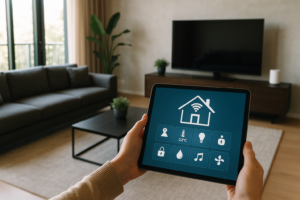 Persona controlando funciones de un edificio inteligente con IA desde una tablet en el salón de una vivienda moderna