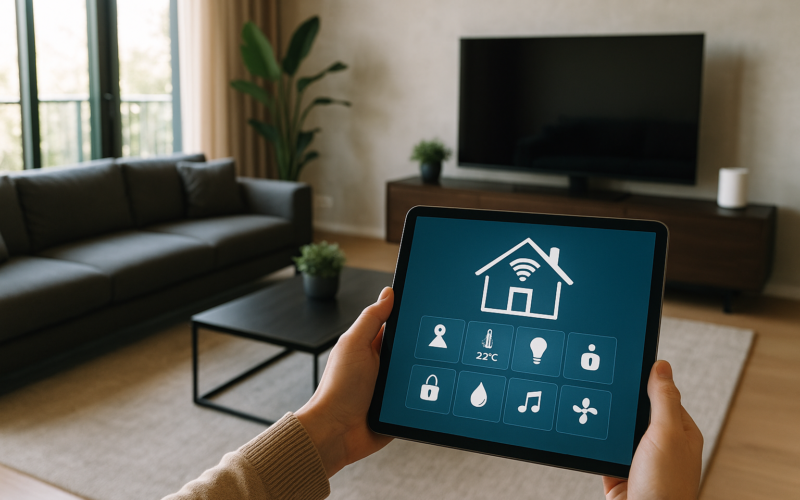 Persona controlando funciones de un edificio inteligente con IA desde una tablet en el salón de una vivienda moderna