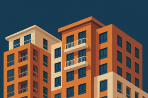 Edificios modernos ilustrados con fondo azul, representando el PERTE de Vivienda en España