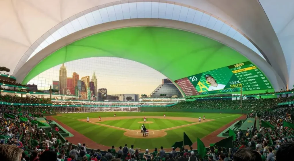 Vista interior del estadio de béisbol más sostenible del mundo en Las Vegas, con cubierta retráctil verde e innovación arquitectónica de BIG