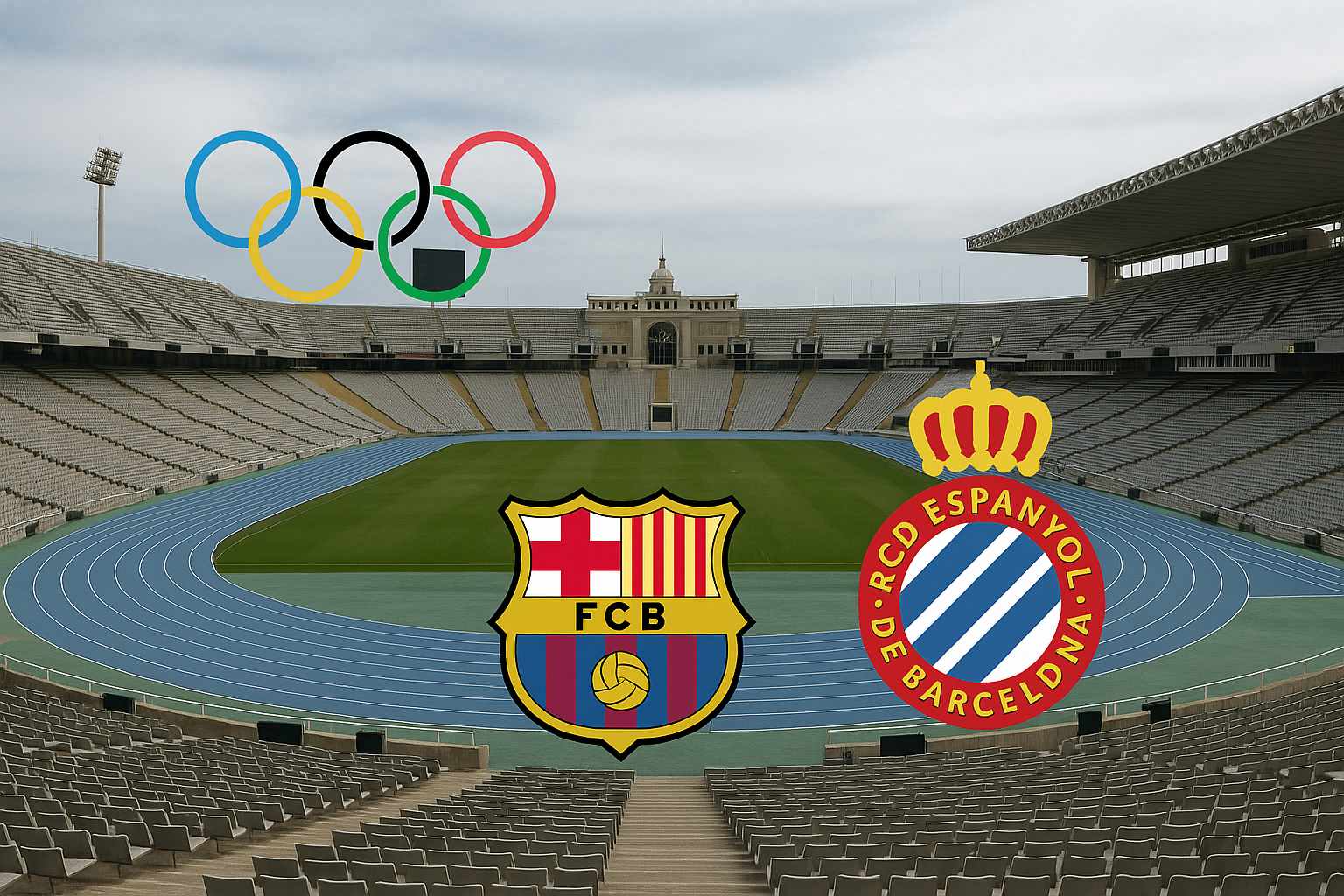 Estadio Olímpico de Montjuïc con símbolos olímpicos, FC Barcelona y RCD Espanyol en proporciones discretas