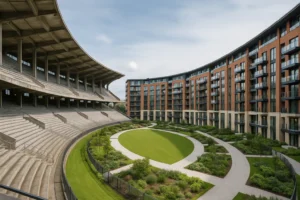 Estadio reconvertido en viviendas modernas con gradas originales y jardín central