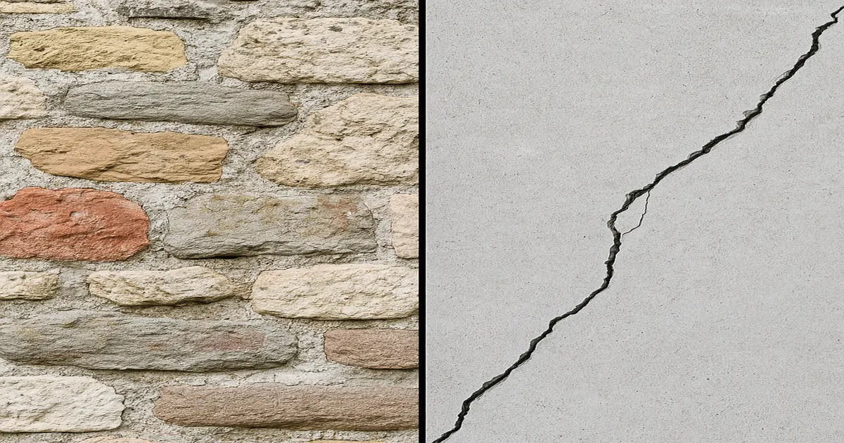 Comparativa entre hormigón romano con piedras irregulares y moderno con grietas