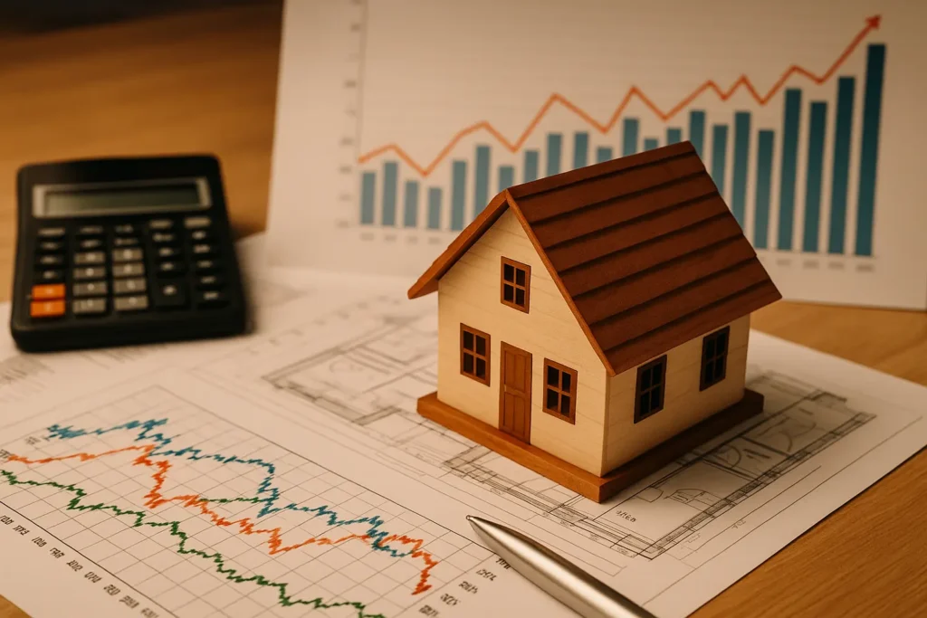 Maqueta de casa sobre planos y gráfico financiero, representando el análisis del precio de la vivienda en el segundo semestre de 2025