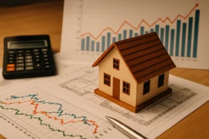 Maqueta de casa sobre planos y gráfico financiero, representando el análisis del precio de la vivienda en el segundo semestre de 2025