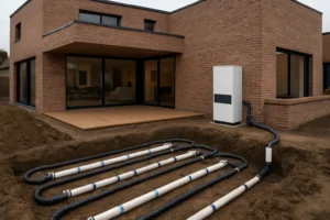 Instalación de geotermia en vivienda de ladrillo con terraza y ventanales grandes