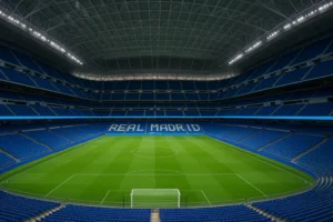 Vista interior del nuevo estadio Santiago Bernabéu con el techo retráctil cerrado y grada completa