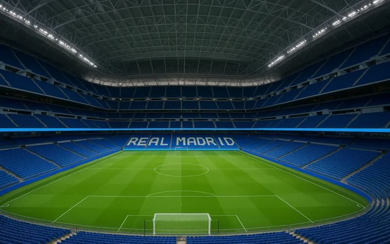 Vista interior del nuevo estadio Santiago Bernabéu con el techo retráctil cerrado y grada completa