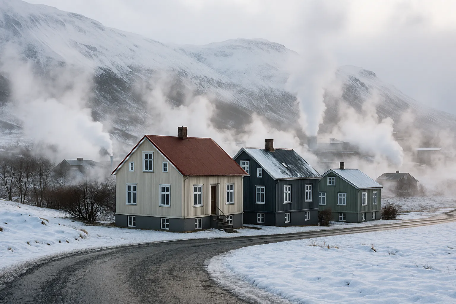 Casas islandesas entre nieve y vapor geotérmico, arquitectura sostenible