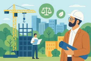 Ilustración conceptual de la aplicación de la ley de arquitectura 2025 en un entorno urbano sostenible