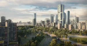 Recreación urbanística de Madrid Nuevo Norte con la Torre Madrid Norte al fondo