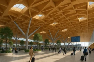 Terminal de aeropuerto con materiales innovadores y estructura de madera CLT iluminada naturalmente