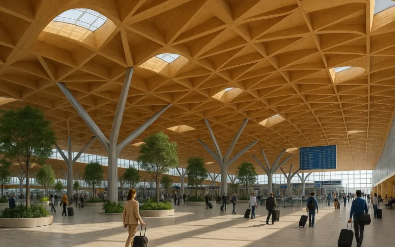Terminal de aeropuerto con materiales innovadores y estructura de madera CLT iluminada naturalmente