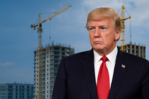 Donald Trump frente a grúas y edificio en construcción, representando el impacto de una oferta comercial entre Europa y EE.UU.