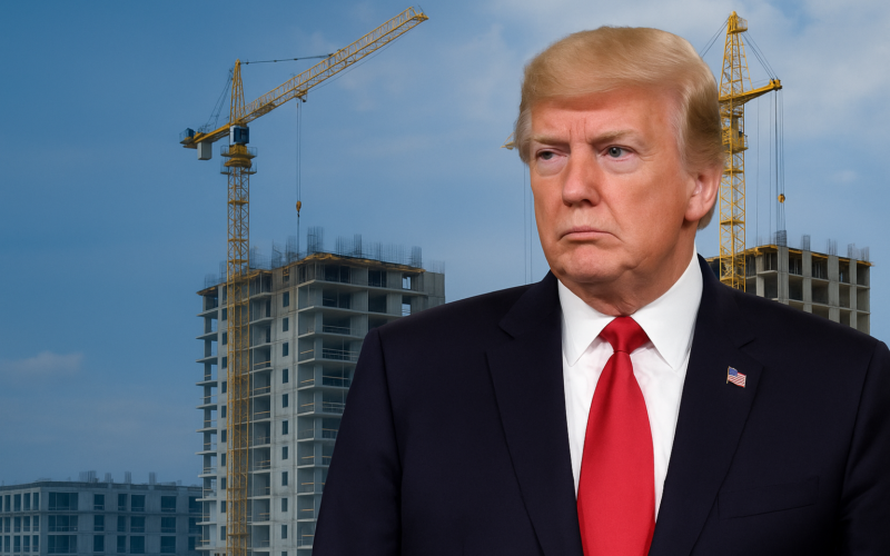 Donald Trump frente a grúas y edificio en construcción, representando el impacto de una oferta comercial entre Europa y EE.UU.