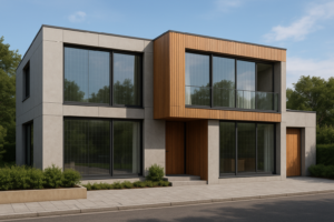 Fachada moderna con paneles solares invisibles integrados en las ventanas