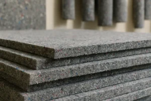 Paneles de textil reciclado apilados utilizados como aislante en arquitectura sostenible