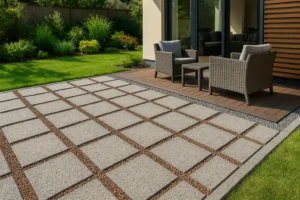 Terraza con losas drenantes de hormigón gris, juntas con gravilla roja y jardín con césped