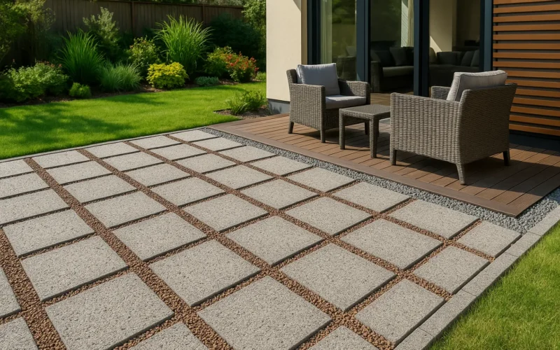 Terraza con losas drenantes de hormigón gris, juntas con gravilla roja y jardín con césped