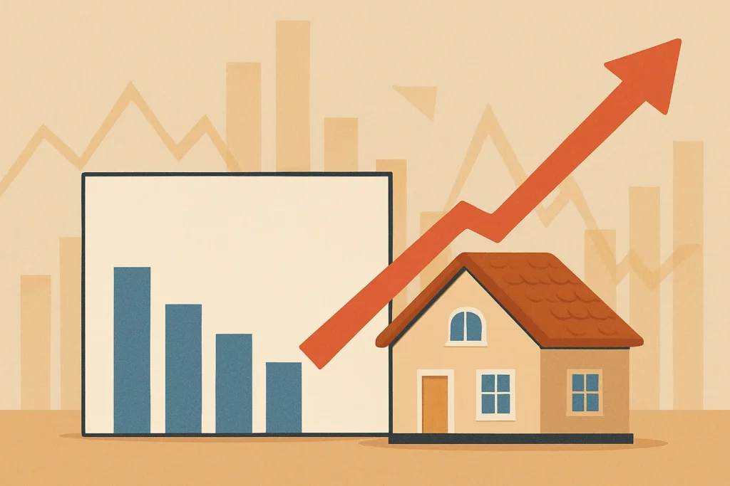 ilustración sin texto de una casa y una flecha ascendente que representa el crecimiento del mercado inmobiliario