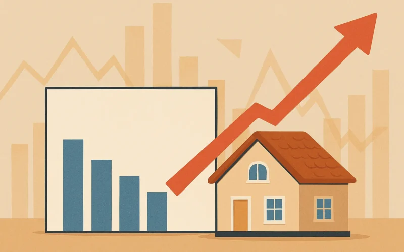 ilustración sin texto de una casa y una flecha ascendente que representa el crecimiento del mercado inmobiliario