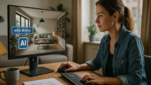 mujer diseñando una reforma exprés con IA en ordenador