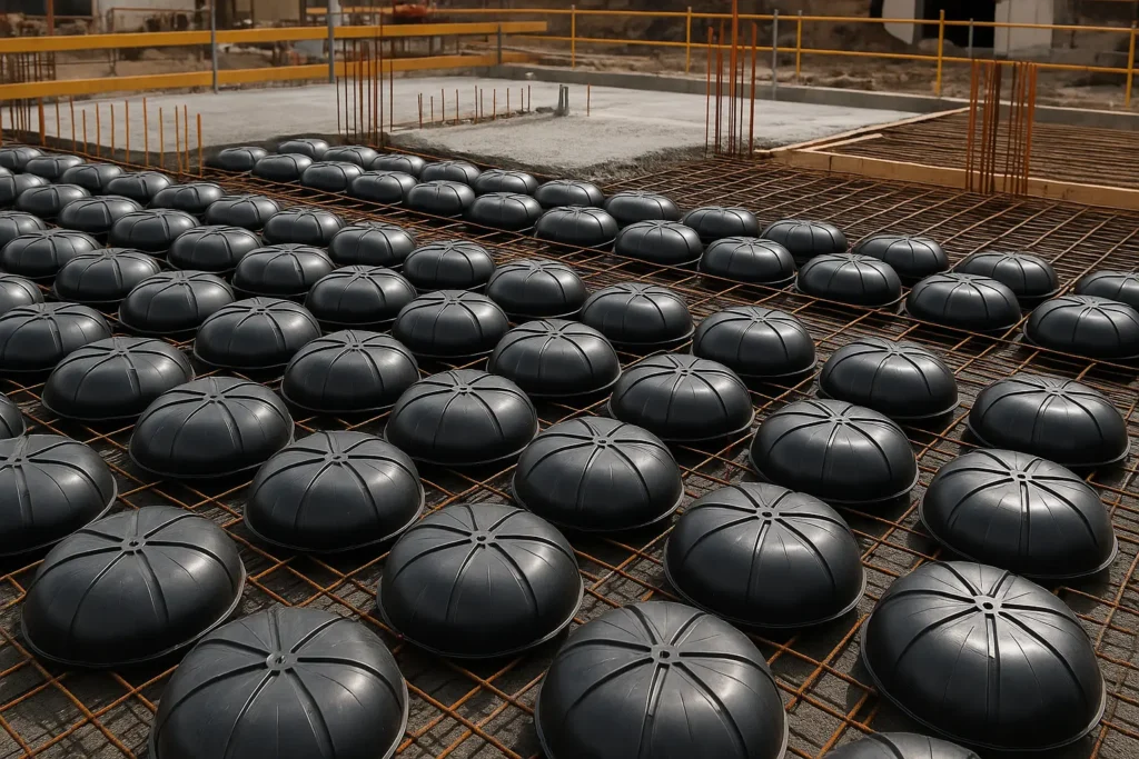 Casetones reciclados del sistema Unidome colocados sobre armadura de acero en un forjado sostenible en obra