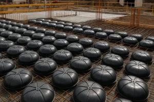 Casetones reciclados del sistema Unidome colocados sobre armadura de acero en un forjado sostenible en obra