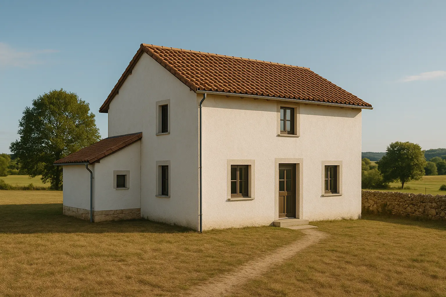 Casa rural de dos plantas en entorno natural, ejemplo de vivienda con subvención en 2025