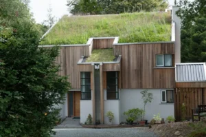 Casa moderna con techo verde y vegetación integrada