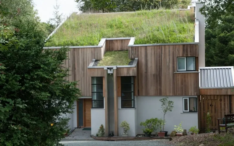 Casa moderna con techo verde y vegetación integrada
