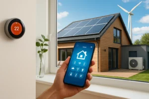Casa moderna con tecnologías para ahorrar energía en 2025, incluyendo paneles solares, aerotermia y domótica