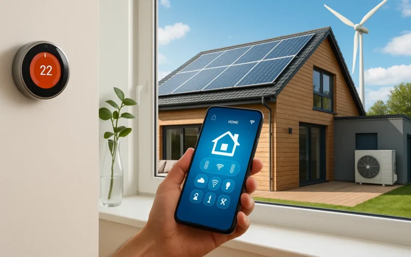 Casa moderna con tecnologías para ahorrar energía en 2025, incluyendo paneles solares, aerotermia y domótica