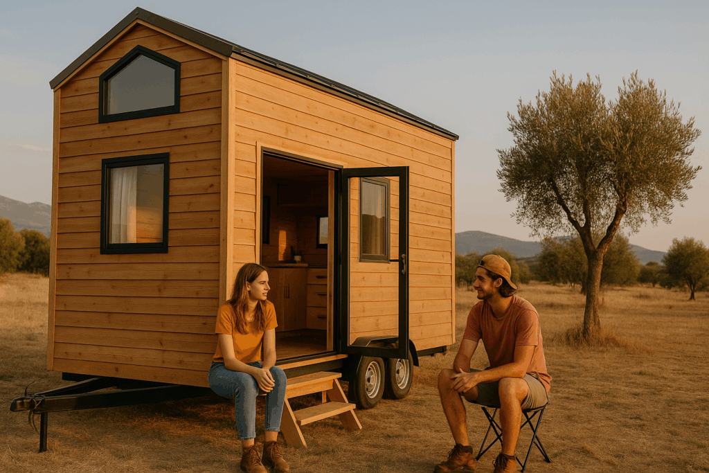 Pareja joven frente a una tiny house sobre ruedas en un paraje rural español