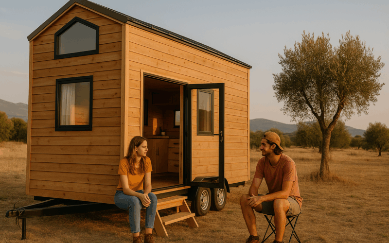 Pareja joven frente a una tiny house sobre ruedas en un paraje rural español