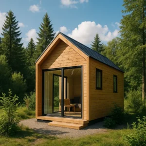 Casa pequeña modular de madera en entorno natural y silencioso