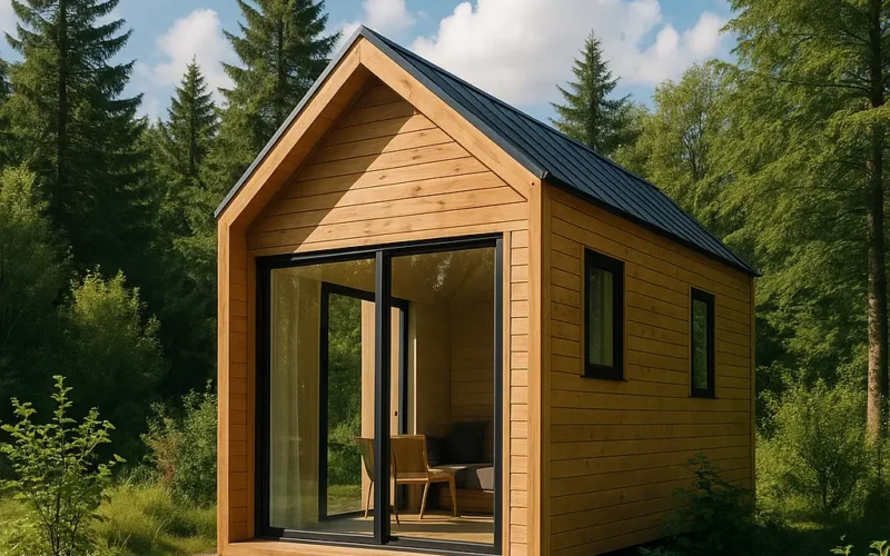 Casa pequeña modular de madera en entorno natural y silencioso