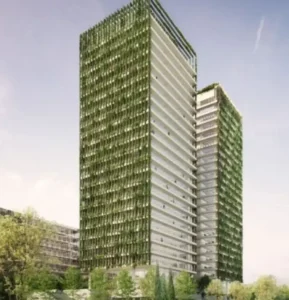 Render de la Torre One en Barcelona con fachada vegetal y diseño sostenible
